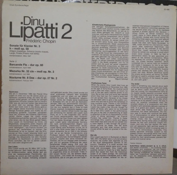 Frédéric Chopin, Dinu Lipatti : Dinu Lipatti 2 -  Frédéric Chopin (LP, Mono, Club, S/Edition)