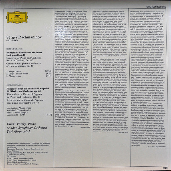 Sergei Vasilyevich Rachmaninoff - Tamás Vásáry, Yuri Ahronovitch, The London Symphony Orchestra : 4. Klavierkonzert = Piano Concerto No.4 / Paganini-Rhapsodie • Rhapsody On A Theme Of Paganini (LP, Album)