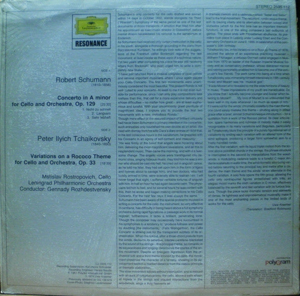 Robert Schumann · Pyotr Ilyich Tchaikovsky - Mstislav Rostropovich · Gennadi Rozhdestvensky, Leningrad Philharmonic Orchestra : Cello Concerto · Rococo Variations (LP, Album, RE)