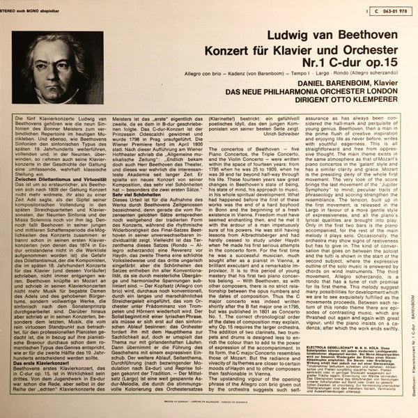 Ludwig Van Beethoven -  Daniel Barenboim, Otto Klemperer : Konzert für Klavier und Orchester Nr.1 C-dur op.15 (LP)