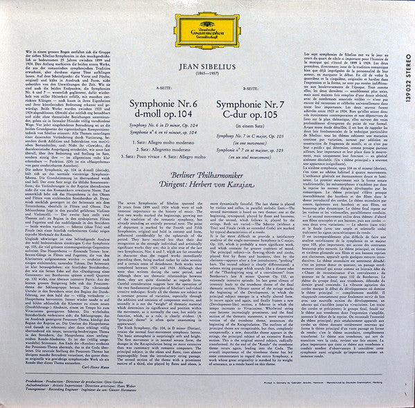 Jean Sibelius, Berliner Philharmoniker, Herbert von Karajan : Symphonien Nr.6 In D-Moll • Nr.7 In C-Dur (LP, Album)