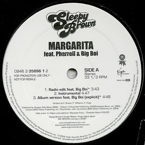 Sleepy Brown Feat. Pharrell Williams & Big Boi : Margarita (12", Promo)