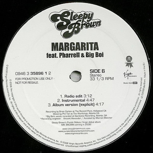 Sleepy Brown Feat. Pharrell Williams & Big Boi : Margarita (12", Promo)