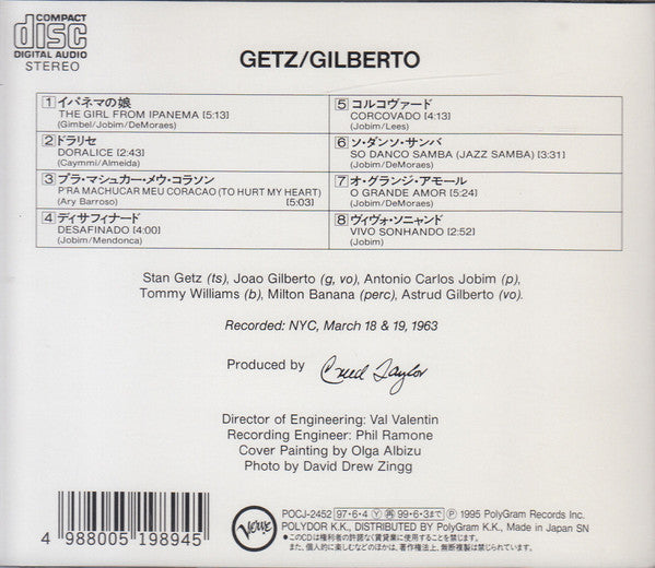 Stan Getz And João Gilberto Featuring Antonio Carlos Jobim : Getz / Gilberto (CD, Album, RE, RM)