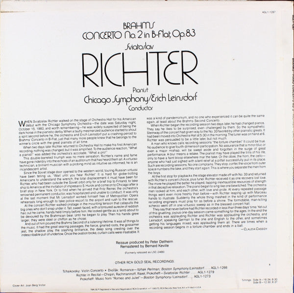 Sviatoslav Richter, Johannes Brahms, The Chicago Symphony Orchestra, Erich Leinsdorf : Piano Concerto No. 2 (LP, Album, RE)