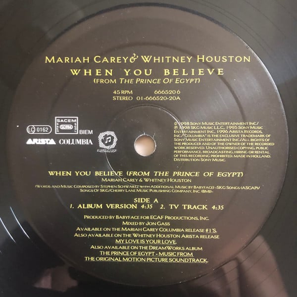 Mariah Carey & Whitney Houston : When You Believe (From The Prince Of Egypt) (12", Single)