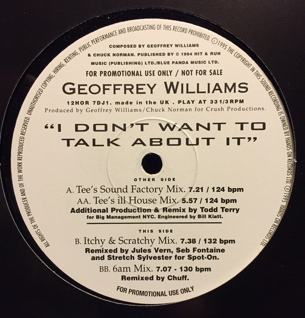 Geoffrey Williams : I Don't Want To Talk About It (12", Promo)