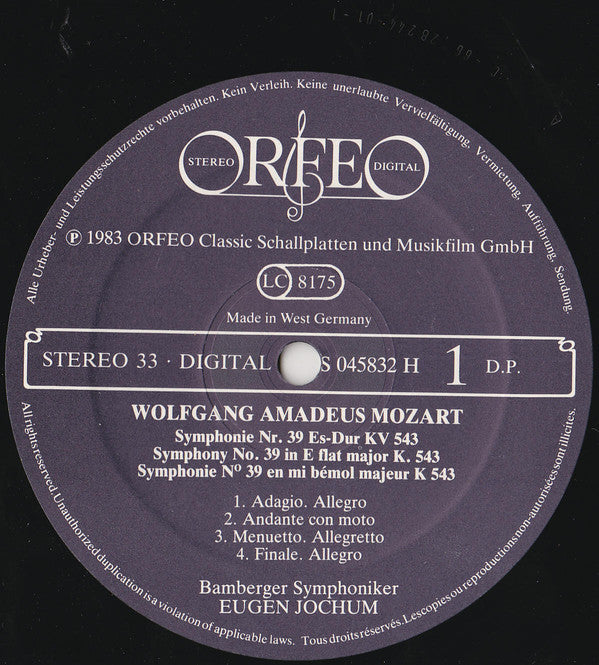 Wolfgang Amadeus Mozart, Bamberger Symphoniker, Eugen Jochum : Symphonien No. 39 Es-dur KV 543 · No. 40 G-Moll KV 550 · No. 41 C-Dur KV 551 »Jupiter« · Maurerische Trauermusik C-Moll KV 477 (2xLP, Comp)