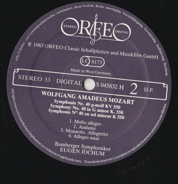 Wolfgang Amadeus Mozart, Bamberger Symphoniker, Eugen Jochum : Symphonien No. 39 Es-dur KV 543 · No. 40 G-Moll KV 550 · No. 41 C-Dur KV 551 »Jupiter« · Maurerische Trauermusik C-Moll KV 477 (2xLP, Comp)